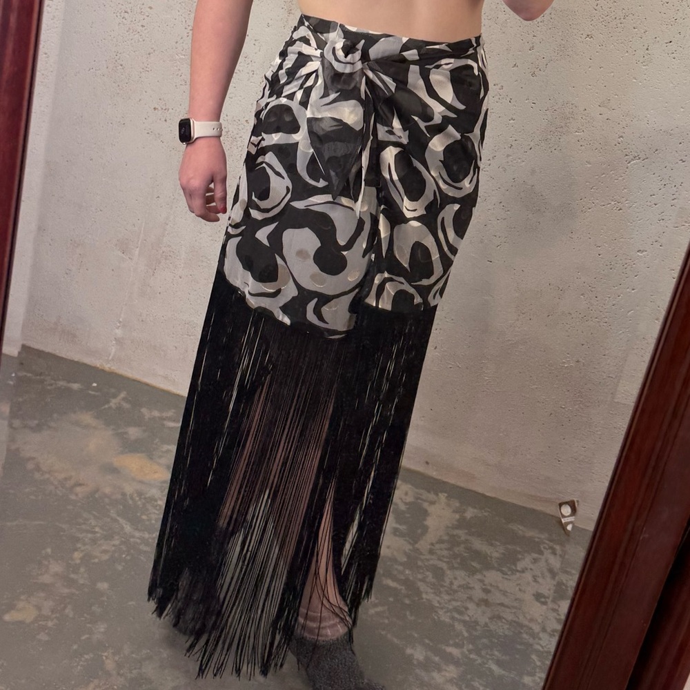 REVOLVE LPA Wrap Skirt With Long Fringe Gray Black Swirl Print Tie Detail NEW